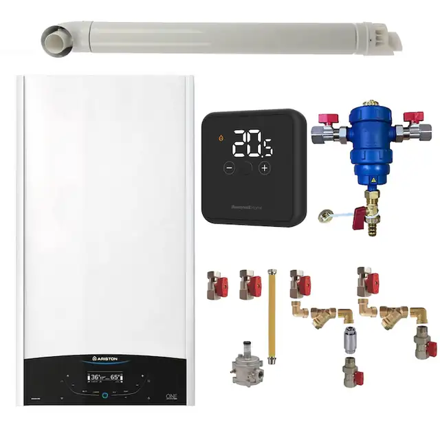 Pachet centrala termica Ariston GENUS ONE+ System 24 kW, doar incalzire, doar incalzire, termostat Honeywell Wireless DT4R, filtru antimagnetita RTM 3/4", kit montaj complet RTM si kit de evacuare RTM incluse