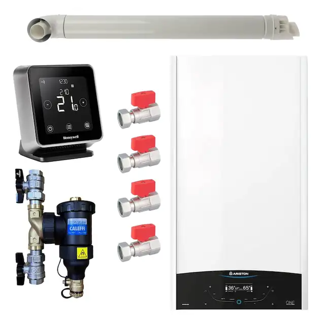 Pachet centrala termica Ariston GENUS ONE+ System 35 kW, doar incalzire, doar incalzire, termostat Wi-Fi Honeywell Lyric T6R, cu filtru antimagnetita CALEFFI Dirtmag, set robineti Fornara si kit de evacuare RTM incluse