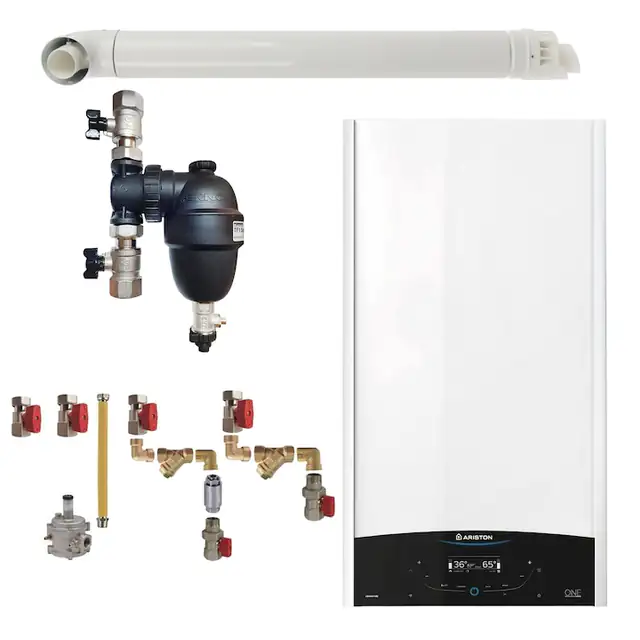 Pachet centrala termica Ariston GENUS ONE+ System 24 kW, doar incalzire, doar incalzire, termostat Wi-Fi Honeywell Lyric T6R, cu filtru antimagnetita Fernox TF1, kit montaj complet RTM si kit de evacuare RTM incluse