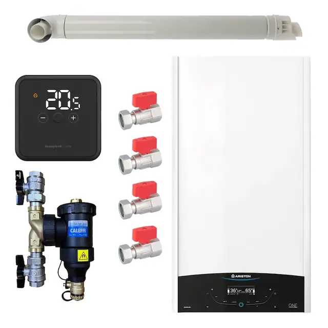 Pachet centrala termica Ariston GENUS ONE+ System 24 kW, doar incalzire, doar incalzire, termostat Honeywell Wireless DT4R, cu filtru antimagnetita CALEFFI Dirtmag, set robineti Fornara si kit de evacuare RTM incluse