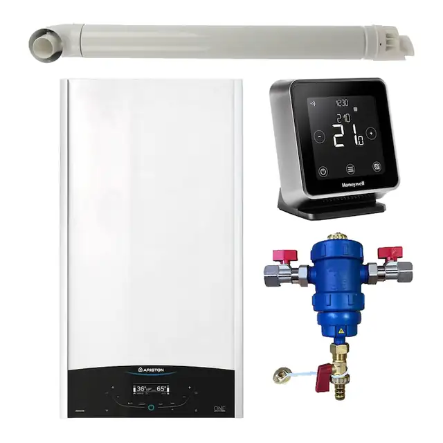 Pachet centrala termica murala Ariston GENUS ONE+ System 35 kW, in condensare, doar incalzire, termostat Wi-Fi Honeywell Lyric T6R, filtru antimagnetita RTM 3/4" si kit de evacuare RTM incluse