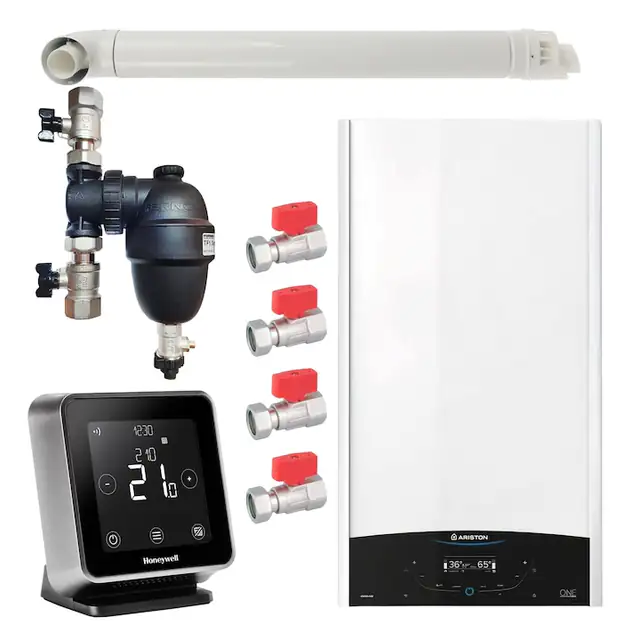 Pachet centrala termica Ariston GENUS ONE+ System 24 kW, doar incalzire, doar incalzire, termostat Wi-Fi Honeywell Lyric T6R, cu filtru antimagnetita Fernox TF1, set robineti Fornara si kit de evacuare RTM incluse