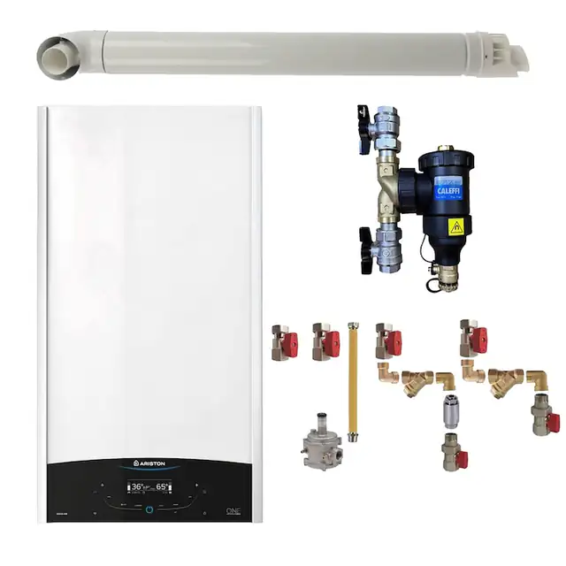 Pachet centrala termica murala Ariston GENUS ONE+ System 24 kW, in condensare, doar incalzire, cu filtru antimagnetita CALEFFI Dirtmag, kit montaj complet RTM si kit de evacuare RTM incluse
