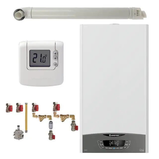 Pachet centrala termica murala Ariston CLAS ONE System 35 kW, in condensare, doar incalzire, termostat Honeywell Wireless DT92, kit montaj complet RTM si kit de evacuare RTM incluse