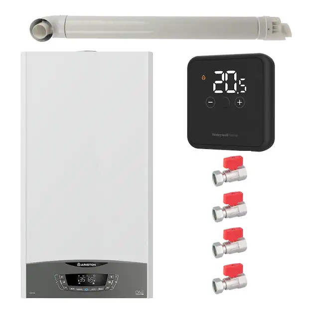 Pachet centrala termica murala Ariston CLAS ONE System 35 kW, in condensare, doar incalzire, termostat Honeywell Wireless DT4R, set robineti Fornara si kit de evacuare RTM incluse
