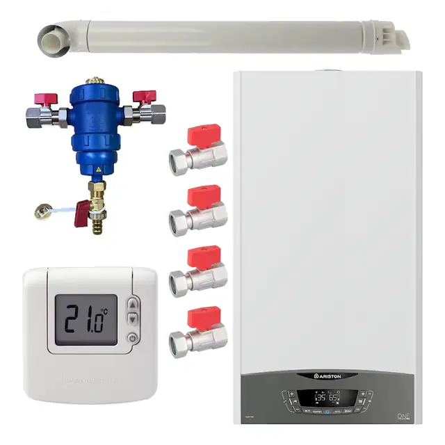 Pachet centrala termica Ariston CLAS ONE System 35 kW, doar incalzire, doar incalzire, termostat Honeywell Wireless DT92 filtru antimagnetita RTM 3/4", set robineti Fornara si kit de evacuare RTM incluse