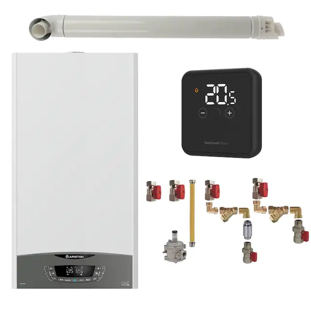 Pachet centrala termica murala Ariston CLAS ONE System 35 kW, in condensare, doar incalzire, termostat Honeywell Wireless DT4R, kit montaj complet RTM si kit de evacuare RTM incluse