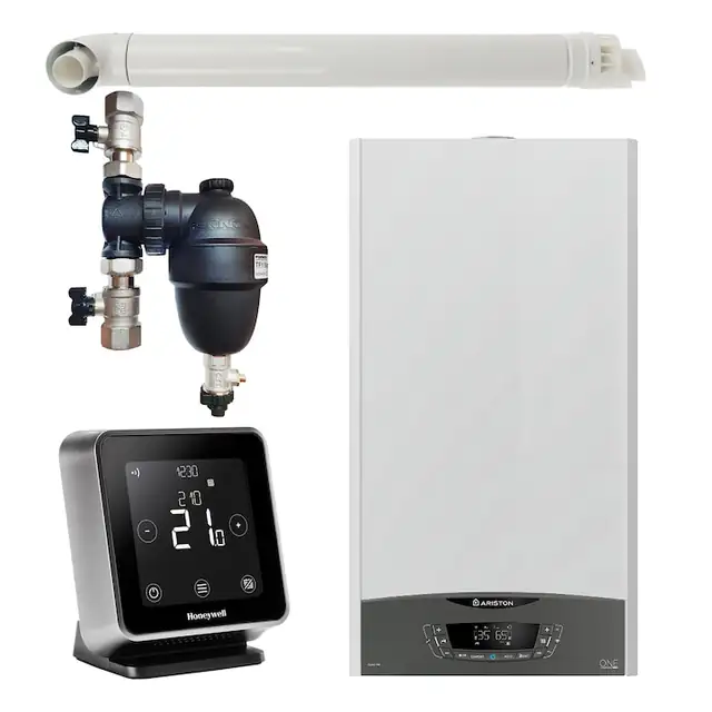 Pachet centrala termica murala Ariston CLAS ONE System 35 kW, in condensare, doar incalzire, termostat Wi-Fi Honeywell Lyric T6R, filtru antimagnetita Fernox TF1 si kit de evacuare RTM incluse