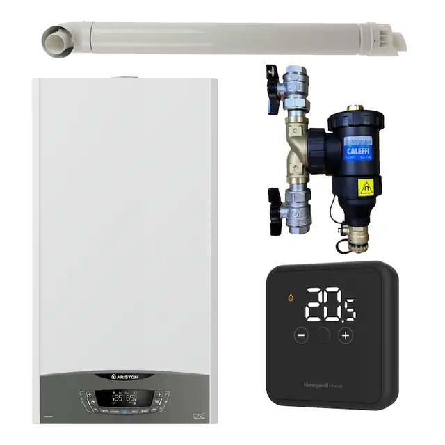 Pachet centrala termica murala Ariston CLAS ONE System 35 kW, in condensare, doar incalzire, termostat Honeywell Wireless DT4R, filtru antimagnetita CALEFFI Dirtmag si kit de evacuare RTM incluse