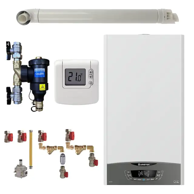 Pachet centrala termica Ariston CLAS ONE System 35 kW, doar incalzire, doar incalzire, termostat Honeywell Wireless DT92, cu filtru antimagnetita CALEFFI Dirtmag, kit montaj complet RTM si kit de evacuare RTM incluse