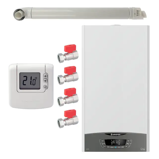 Pachet centrala termica murala Ariston CLAS ONE System 35 kW, in condensare, doar incalzire, termostat Honeywell Wireless DT92, set robineti Fornara si kit de evacuare RTM incluse
