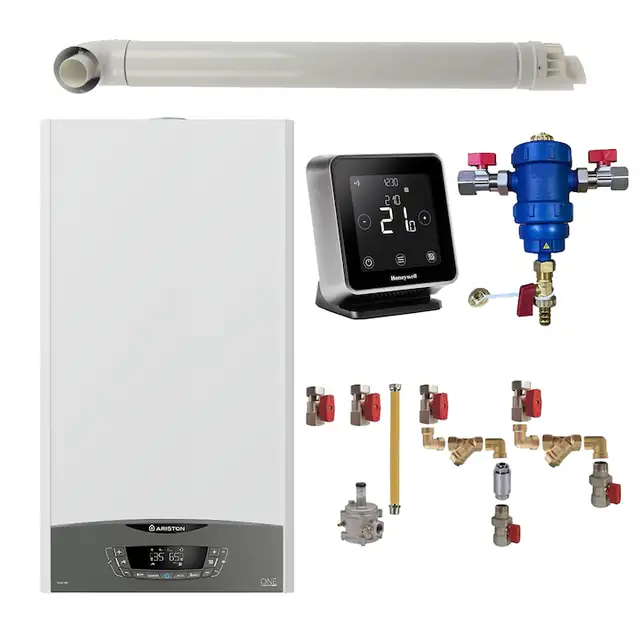 Pachet centrala termica Ariston CLAS ONE System 35 kW, doar incalzire, doar incalzire, termostat Wi-Fi Honeywell Lyric T6R filtru antimagnetita RTM 3/4", kit montaj complet RTM si kit de evacuare RTM incluse
