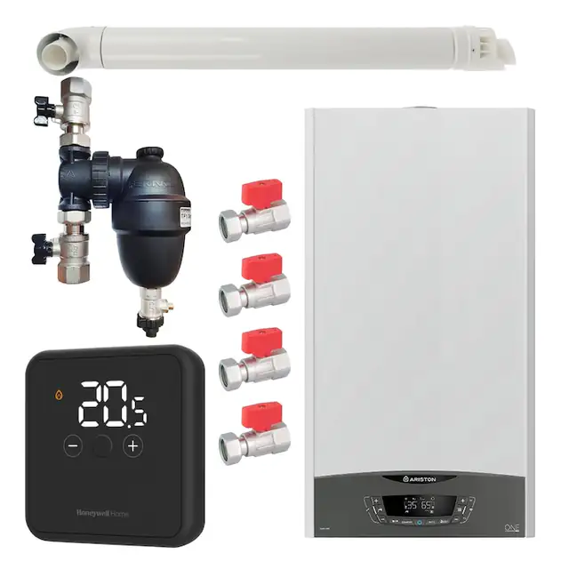 Pachet centrala termica Ariston CLAS ONE System 35 kW, doar incalzire, doar incalzire, termostat Honeywell Wireless DT4R, cu filtru antimagnetita Fernox TF1, set robineti Fornara si kit de evacuare RTM incluse