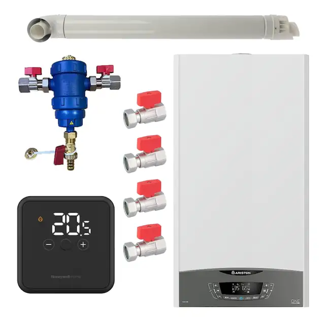 Pachet centrala termica Ariston CLAS ONE System 35 kW, doar incalzire, doar incalzire, termostat Honeywell Wireless DT4R filtru antimagnetita RTM 3/4", set robineti Fornara si kit de evacuare RTM incluse