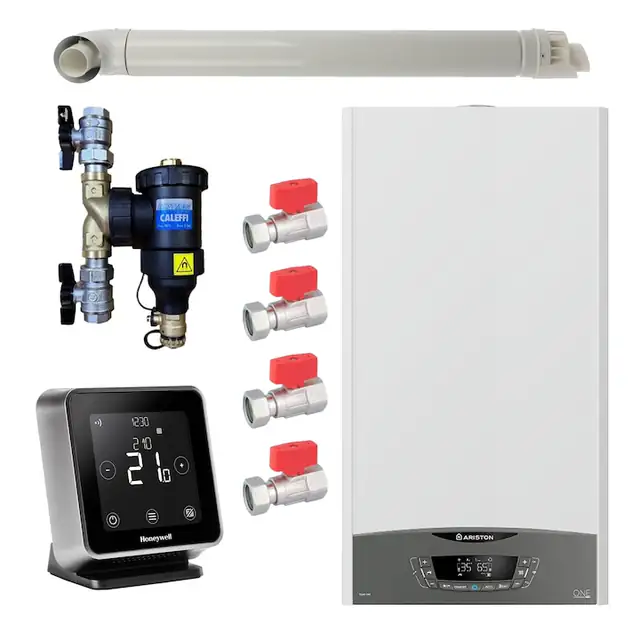 Pachet centrala termica Ariston CLAS ONE System 35 kW, doar incalzire, doar incalzire, termostat Wi-Fi Honeywell Lyric T6R, cu filtru antimagnetita CALEFFI Dirtmag, set robineti Fornara si kit de evacuare RTM incluse