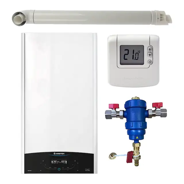 Pachet centrala termica murala Ariston GENUS ONE+ System 24 kW, in condensare, doar incalzire, termostat Honeywell Wireless DT92, filtru antimagnetita RTM 3/4" si kit de evacuare RTM incluse