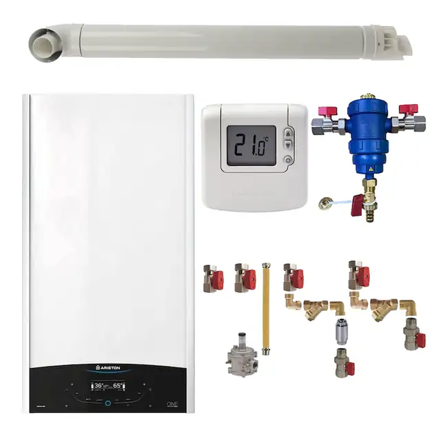 Pachet centrala termica Ariston GENUS ONE+ System 24 kW, doar incalzire, doar incalzire, termostat Honeywell Wireless DT92, filtru antimagnetita RTM 3/4", kit montaj complet RTM si kit de evacuare RTM incluse