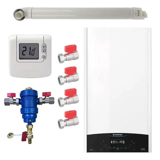 Pachet centrala termica Ariston GENUS ONE+ System 24 kW, doar incalzire, doar incalzire, termostat Honeywell Wireless DT92, filtru antimagnetita RTM 3/4", set robineti Fornara si kit de evacuare RTM incluse