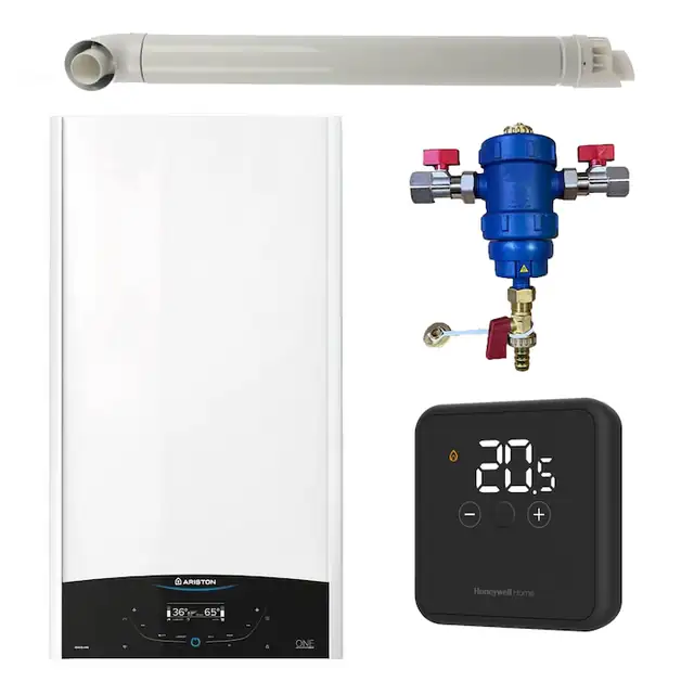 Pachet centrala termica murala Ariston GENUS ONE+ System 24 kW, in condensare, doar incalzire, termostat Honeywell Wireless DT4R, filtru antimagnetita RTM 3/4" si kit de evacuare RTM incluse