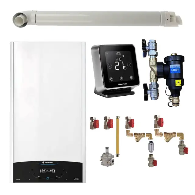 Pachet centrala termica Ariston GENUS ONE+ System 35 kW, doar incalzire, doar incalzire, termostat Wi-Fi Honeywell Lyric T6R, cu filtru antimagnetita CALEFFI Dirtmag, kit montaj complet RTM si kit de evacuare RTM incluse
