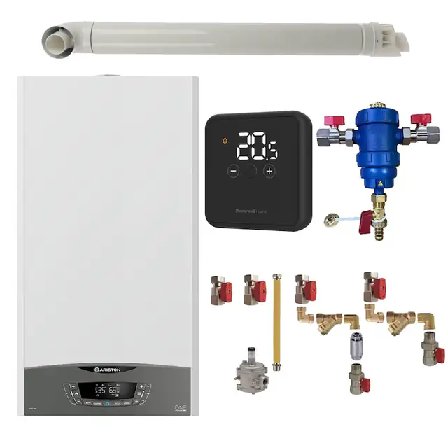 Pachet centrala termica Ariston CLAS ONE System 35 kW, doar incalzire, doar incalzire, termostat Honeywell Wireless DT4R filtru antimagnetita RTM 3/4", kit montaj complet RTM si kit de evacuare RTM incluse