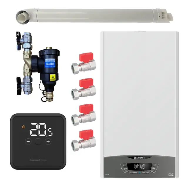 Pachet centrala termica Ariston CLAS ONE System 35 kW, doar incalzire, doar incalzire, termostat Honeywell Wireless DT4R, cu filtru antimagnetita CALEFFI Dirtmag, set robineti Fornara si kit de evacuare RTM incluse