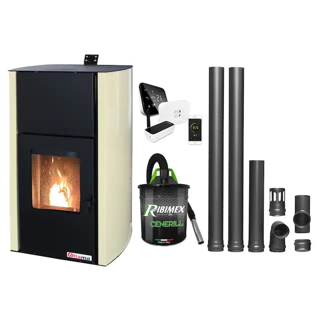 Set control de la distanta, Termosemineu pe peleti Fiama Confort 12 kw, complet echipat pentru incalzire, Pompa, Vas expansiune, Automatizare, Termostat ambiental, Aspirator Cenusa si Kit evacuare 2.5 ml