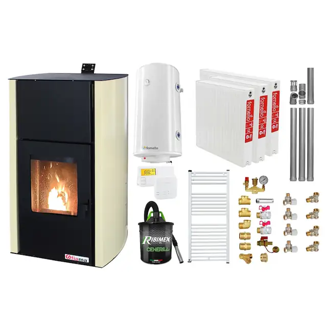 Set Termosemineu pe peleti Fiama Confort 12 kw, complet echipat pentru incalzire, Pompa, Vas expansiune, Automatizare, Radiatoare otel, Boiler, Termostat, Aspirator, Kit 3.5 ml si Fitinguri montaj
