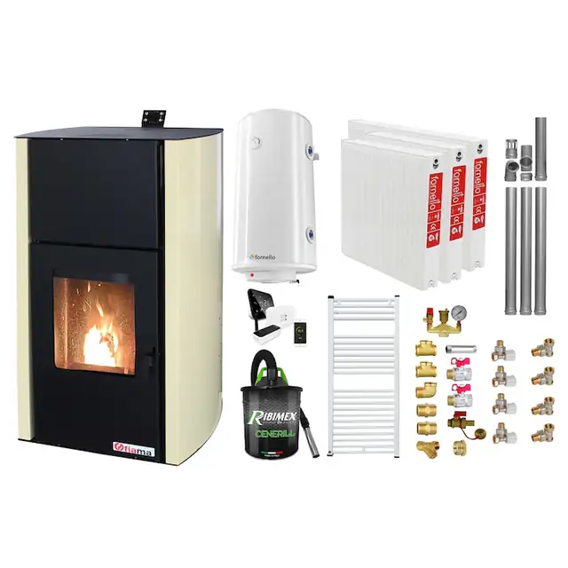 Set control de la distanta, Termosemineu pe peleti Fiama Confort 12 kw, Pompa, Vas expansiune, Automatizare, Radiatoare otel, Boiler, Termostat, Aspirator, Kit 3.5 ml si Fitinguri montaj