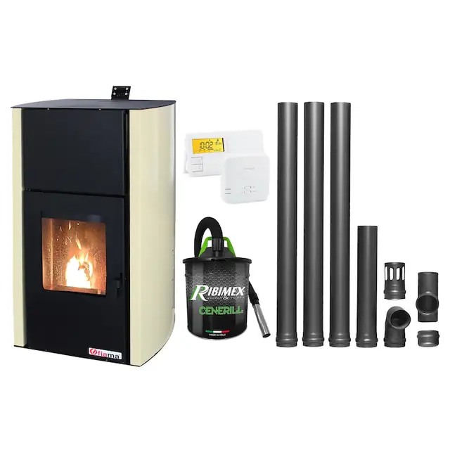 Set Termosemineu pe peleti Fiama Confort 18 kw, complet echipat pentru incalzire, Pompa, Vas expansiune, Automatizare, Termostat Radio Comanda Salus 091FLRFV2, Aspirator Cenusa si Kit evacuare 3.5 ml