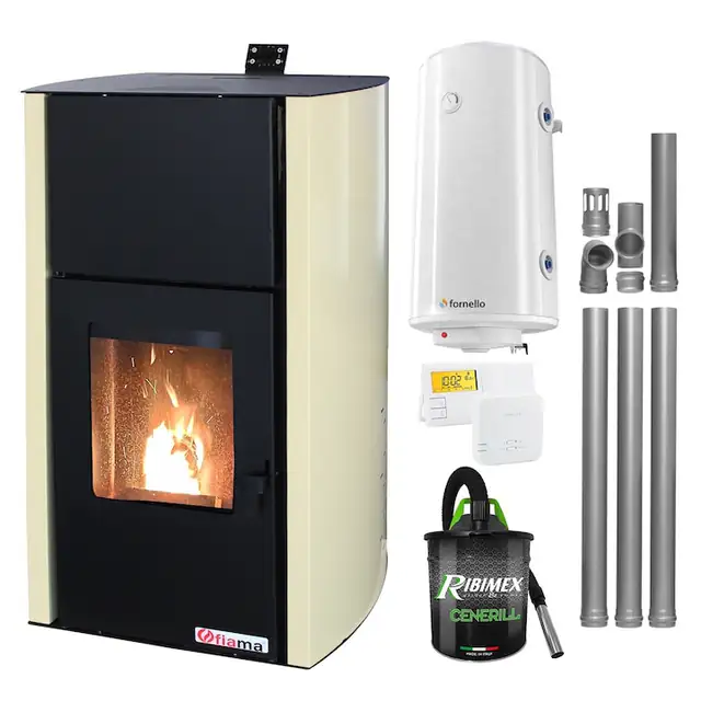 Set Termosemineu pe peleti Fiama Confort 18 kw, complet echipat pentru incalzire, Pompa, Vas expansiune, Automatizare, Boiler 100 litri, Termostat Salus 091FLRFV2, Aspirator Cenusa si Kit evacuare 3.5 ml