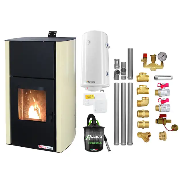 Set Termosemineu pe peleti Fiama Confort 18 kW, Boiler 100 litri, Culoare Crem, Aspirator 1000 W, Kit evacuare 3.5 m