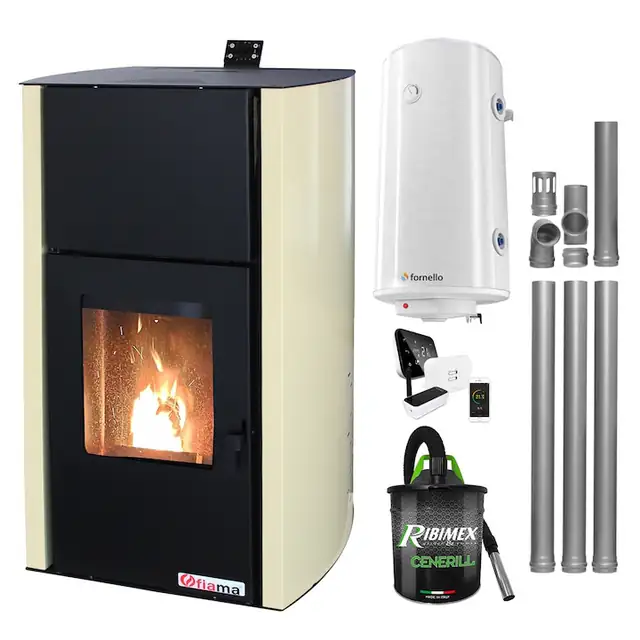 Set termosemineu pe peleti Fiama Confort 18 kW, boiler 100 litri, aspirator cenusa, culoare Crem