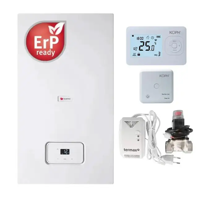 Pachet centrala termica pe gaz/GPL in condensare Saunier Duval Semia 25-A, 19.1 kW, Termostat ambiental inteligent KOPH I302, Kit senzor gaz si electrovalva 3/4", Kit evacuare inclus