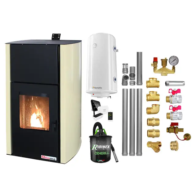Set Termosemineu pe peleti, control de la distanta, Fiama Confort 18 kw, complet echipat pentru incalzire, Pompa, Vas expansiune, Automatizare, Boiler 100 litri, Termostat Salus IT 500, Aspirator, Kit evacuare 3.5 ml si Fitinguri montaj