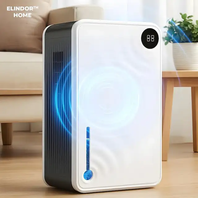Dezumidificator Compact Elindor® pentru Aer Casa, Rezervor 3500ml, Ultra Silentios 35dB, Oprire Automata, Filtru Detasabil, 2 Trepte Viteza,7 Lumini LED, Perfect pentru Dormitor, Baie, Living, Ajuta la Prevenirea Formarii Mucegaiului, 21 x 12 x 35 cm, Alb