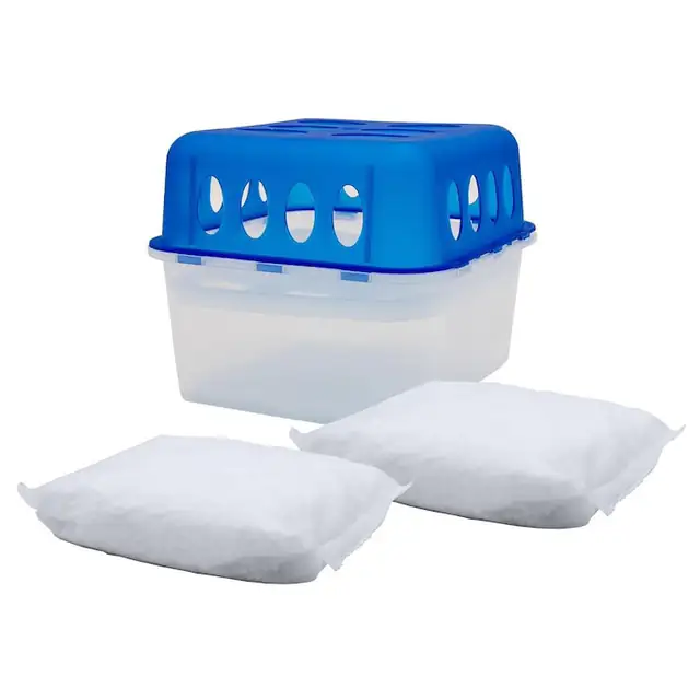 Dezumidificator pasiv reincarcabil fara parfum si doua rezerve de 400g incluse pentru camere de pana la 35 m², Potrivit pentru camera de zi, dulapuri, bucatarie si baie, precum si pentru rulote si masini 13, 5 x 13, 5 x 11, 5 cm