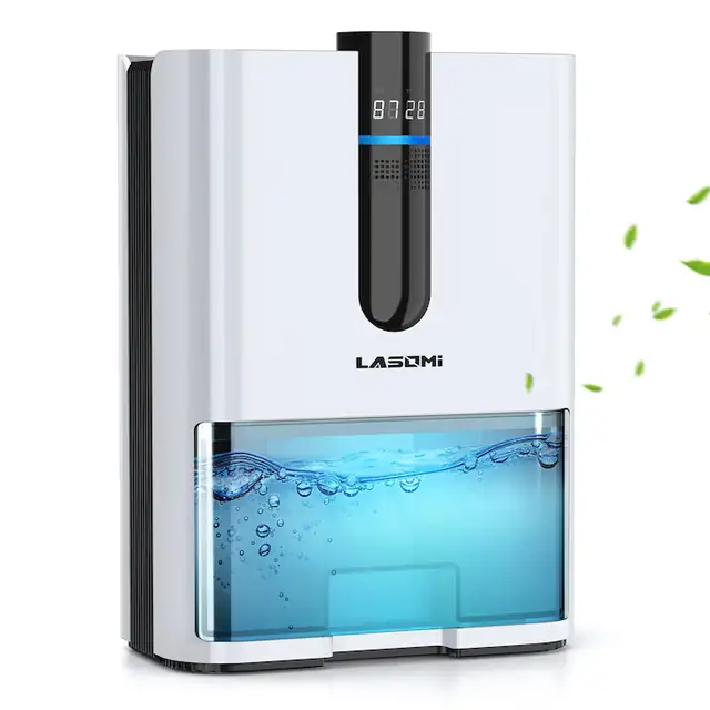 Deumidificator electric de uz casnic, Deumidificator silentios 2L, Cu izolator de oxigen negativ, cu 7 culori Rgb, afisaj de temperatura si umiditate, potrivit pentru dormitor, baie, camera