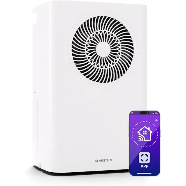 Klarstein CircleDry 12L Dezumidificator Smart cu Wi‑Fi, 2 L Rezervor, Control prin Aplicatie, Timer 24 h, Functie Defrost, Golire Continua, Silentios 38 dB, pentru camere pana la 24 m², Alb