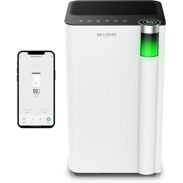 Brandson - Dezumidificator WiFi 12L cu Compresor Electric, Control Aplicatie, Timer, Mod Sleep si Evacuare prin Furtun, pentru Camera 25 m², Alb