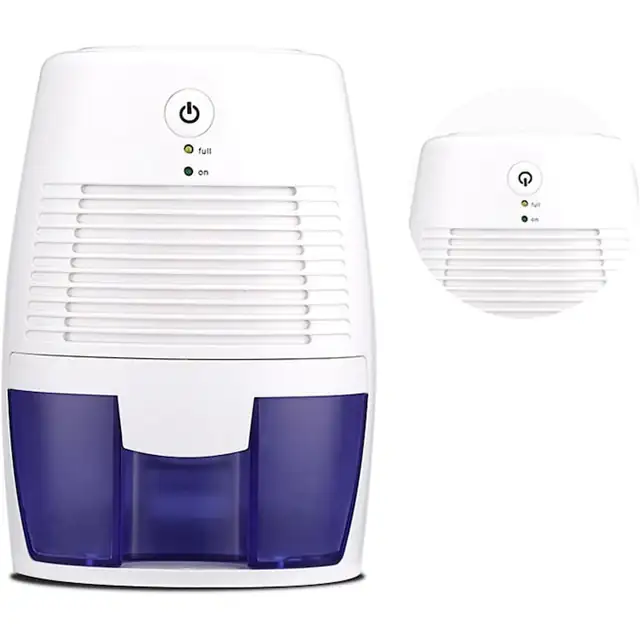 Dezumidificator de aer mini, dezumidificator portabil, silentios, eficient energetic, debit mare de aer, rezervor detasabil cu oprire automata la umplere, pentru camere 5-15 m², Alb/Albastru, 500ml