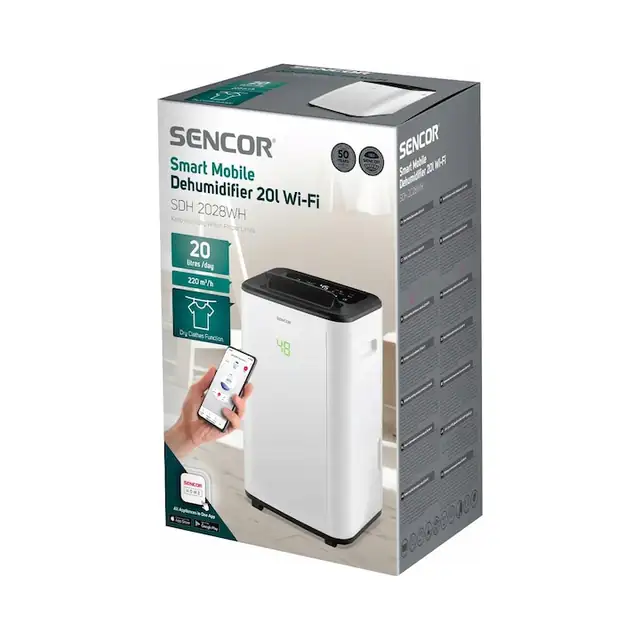 Dezumidificator Sencor SDH2028WH, wifi si control prin aplicatie, 20 l/zi, functie uscare rufe si timer 0-24h, alb/negru, 6 l