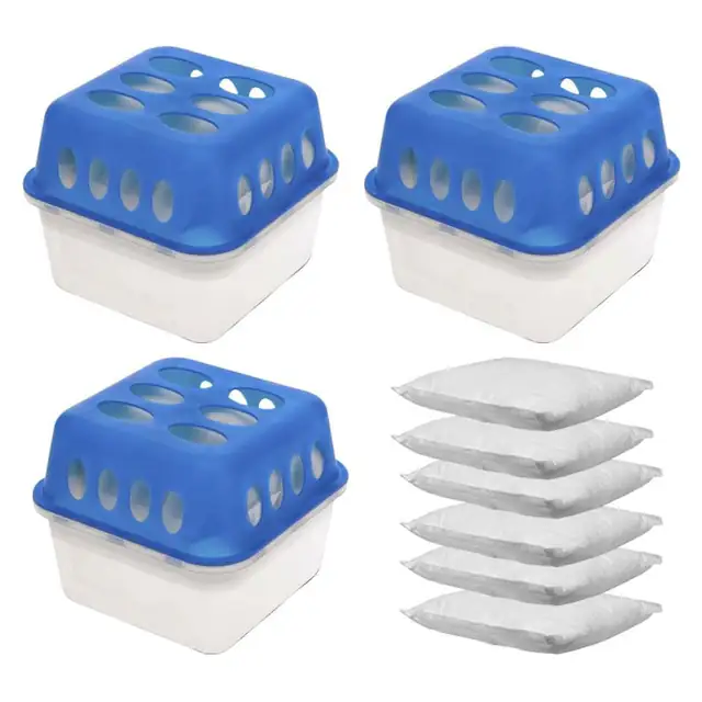 Pachet 3 dezumidificatoare reincarcabile, fara electricitate cu parfum usor de vanilie si doua rezerve de 400g incluse pentru camere de pana la 35 m², Potrivit pentru camera de zi, dulapuri, bucatarie si baie, precum si pentru rulote si masini