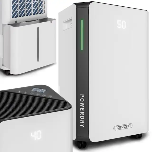 Dezumidificator portabil, Monzana, 20 L/zi, 330 W, afisaj LED, WIFI, pentru camere de cca. 20-30 m², Inaltime: 2, 6 m, timer, 4 moduri de dezumidificare, uscare rufe, husa de protectie, Alb