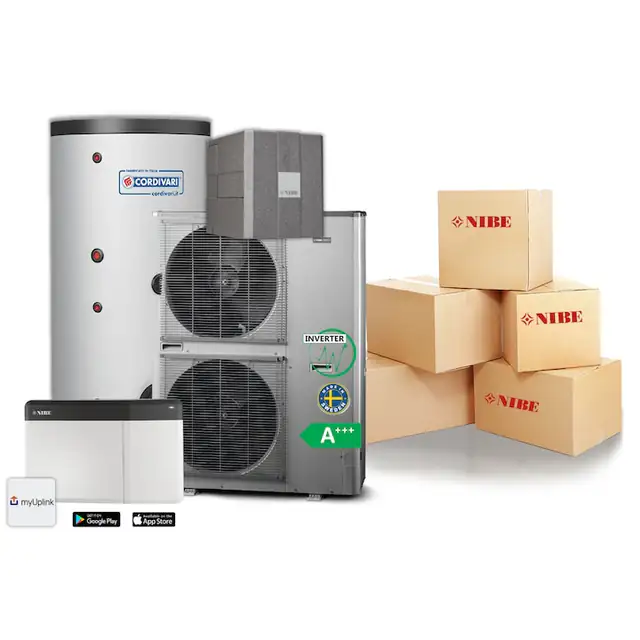Solutie completa pentru incalzire, racire si apa calda menajera: pompa de caldura aer-apa Nibe AMS 10-16 + modul hidraulic Nibe HBS 5-16 + boiler Cordivari Bolly HY 300L + instalare inclusa