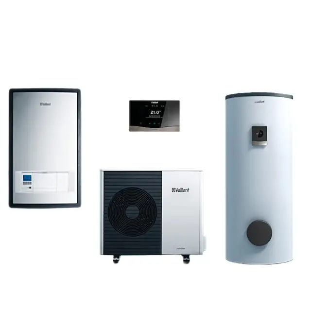 Pompa de caldura aer apa 7 kW aroTHERM split VWL 75/5 AS, 230V pentru 1 circuit incalzire/racire si ACM + Unitate interioara statie hidraulica VWL 77/5 IS (WH) + Buffer indirect VPS R100/1 M