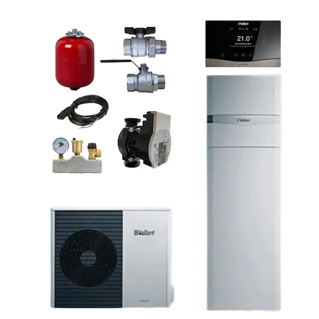 Pachet pompa de caldura aer-apa Vaillant 7 kW aroTHERM split 75/5 AS + Unitate interioara uniTower cu boiler 188 litri incorporat VWL 78/5 IS + kit montaj RTM