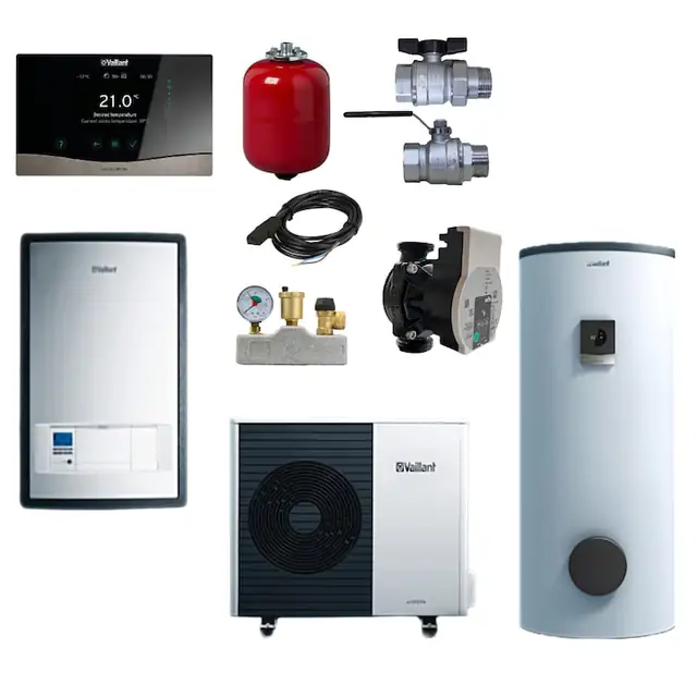 Pachet pompa de caldura aer-apa Vaillant 10 kW aroTHERM split VWL 105/5 A + Unitate interioara statie hidraulica VWL 127/5 IS (WH) + Buffer indirect tip VPS R100/1 M + Kit montaj RTM