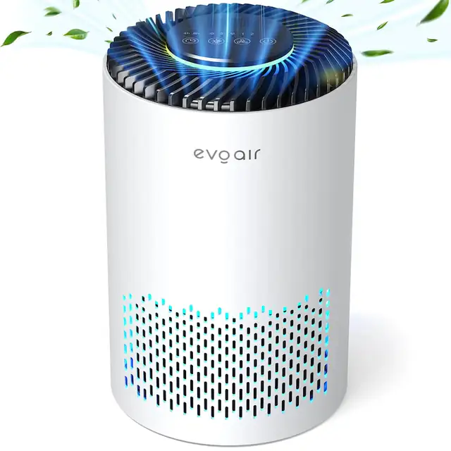 Purificator de aer Evoair Zuno, Filtru 3 in 1 True HEPA, Carbon Activ, Lampa UV, 3 viteze, Mod Noapte, Aromaterapie, Lumina Ambientala, Timer, Alb