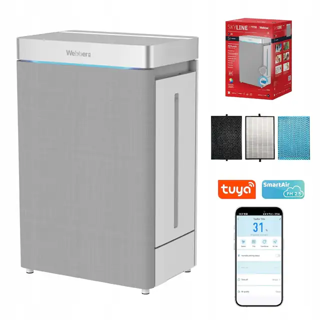 Purificator de aer, WEBBER, AP9750, Wi‑Fi, filtru HEPA 13, Carbon, Apa, Filtrare aer, Umidificare, Indicator de poluare a aerului, Control prin Smartphone, Timer, 100W, Purificare in mai multe etape